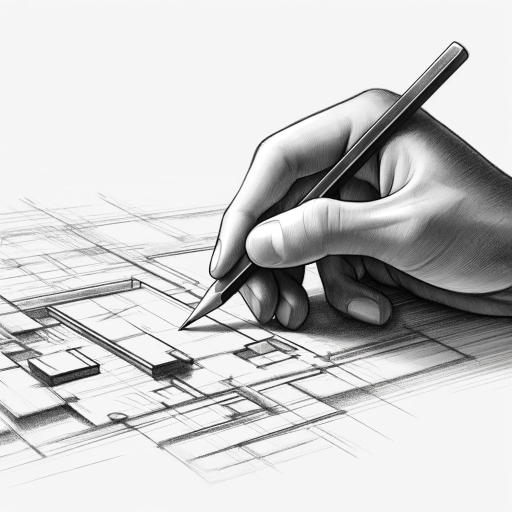 デザイナーが建築図面を描いているシーンの鉛筆画