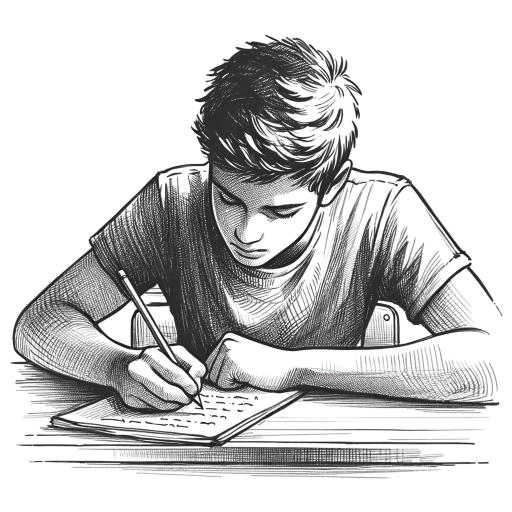 教室で手書きでノートを取る学生のシーンの鉛筆画イラスト