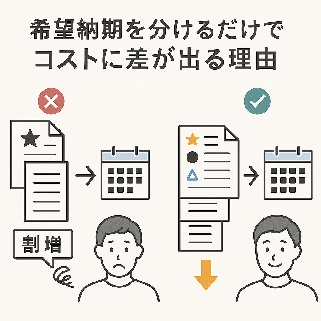 希望納期を分けることでコストが下がることに繋がることを説明するイラスト