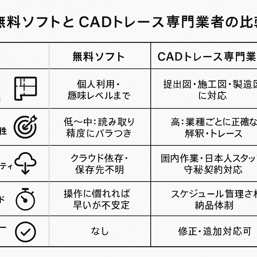 無料ソフトとCADトレース専門業者の違いを分かりやすく比較できる一覧表