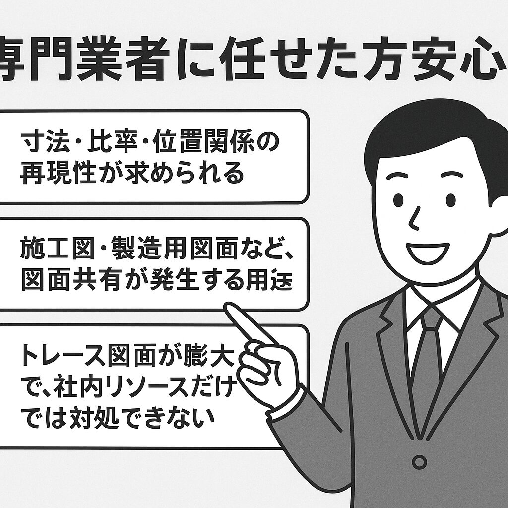 CADトレースを外部依頼・外注すべき図面の3つの特徴を示すイラスト