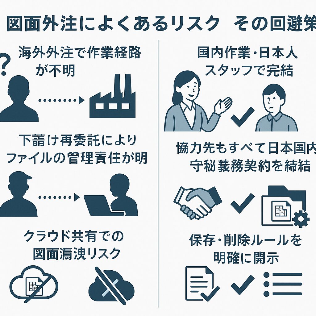 CADトレースの外部依頼・外注におけるリスクと、国内業者を対比したイラスト