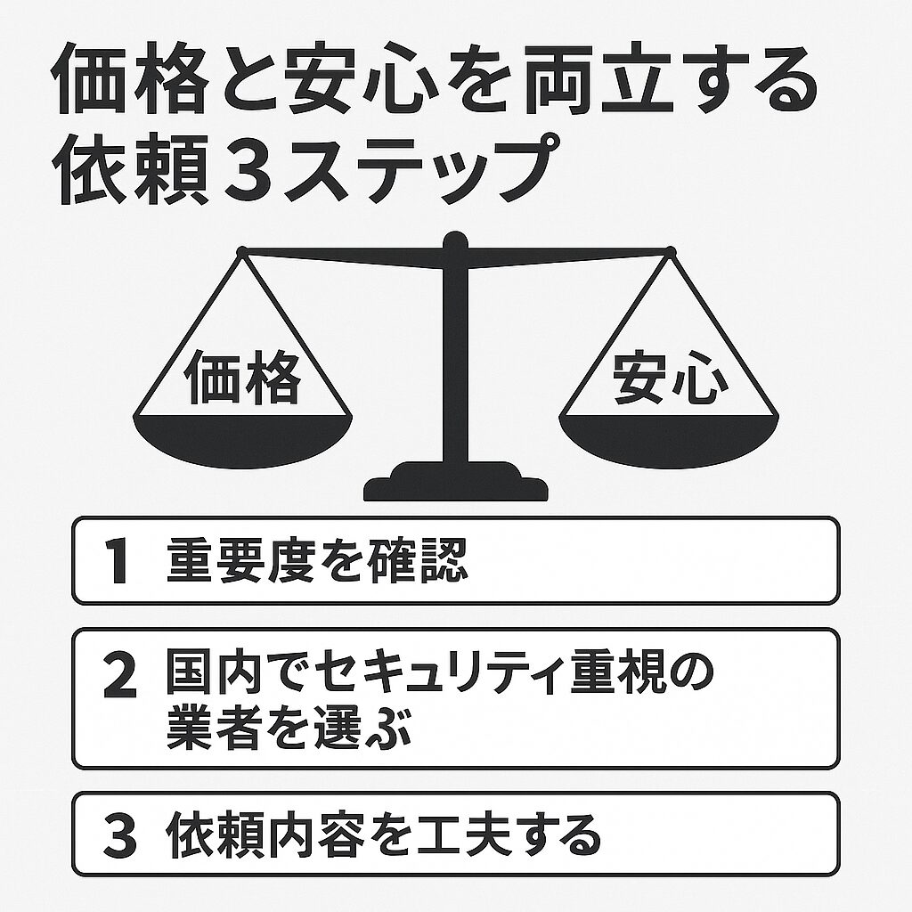 価格と安心を3つのステップを使って両立する為のイラスト