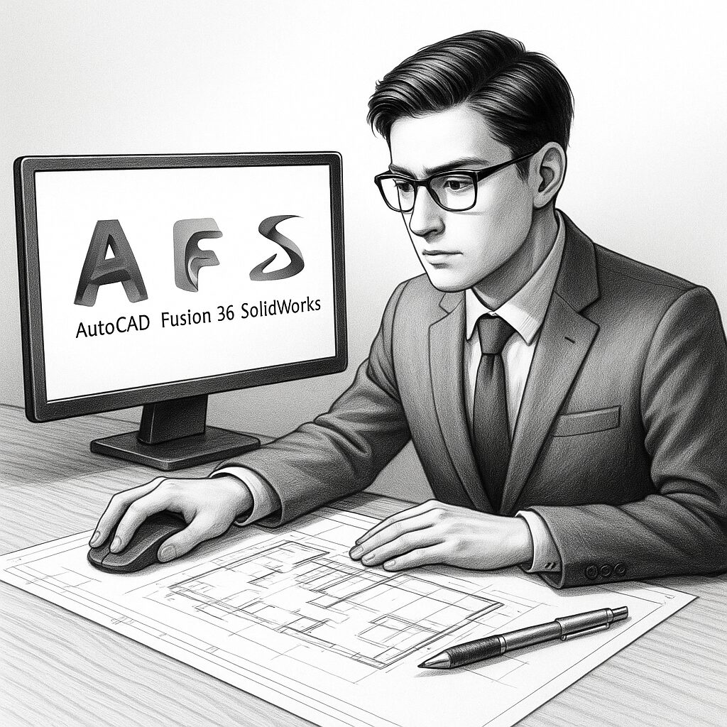 複数のCADソフト(AutoCAD、Fusion 360、SolidWorks)の選択画面を前に、建築図面を確認しながらソフト選定を行うデザイナーの様子。