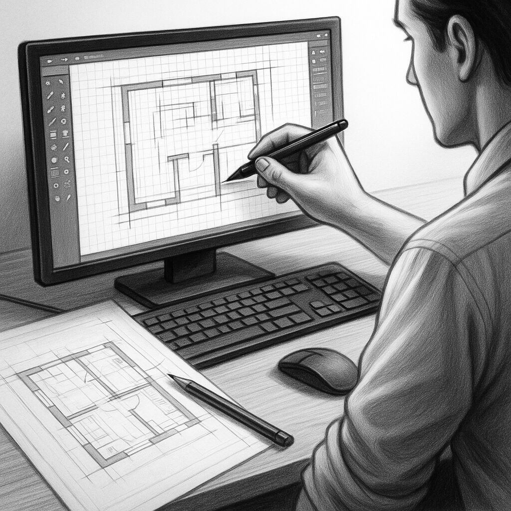 CADソフトの画面で手書き図面をトレースしている作業中のデザイナー。横には原稿となる紙図面が置かれている。