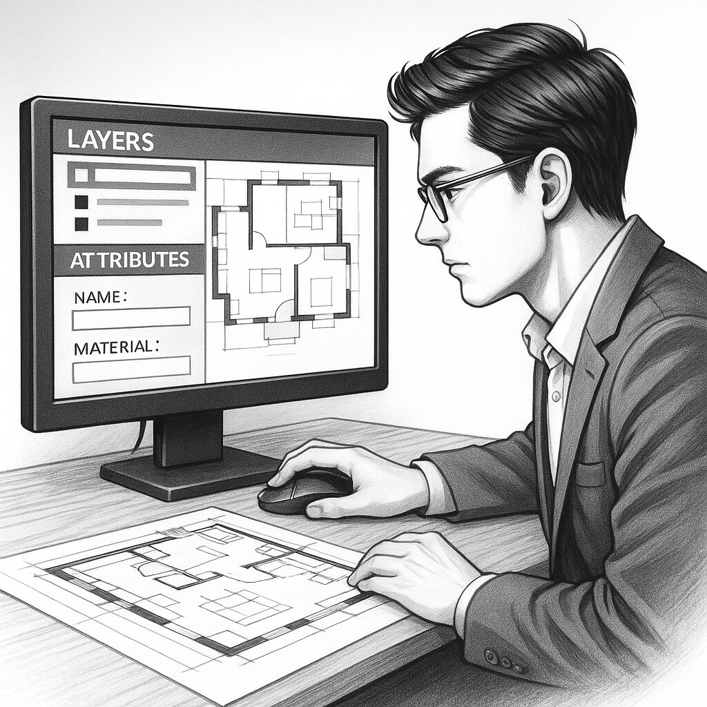 レイヤーと属性を設定しながらCAD図面を調整している若いデザイナー。モニターには建築図面とレイヤー・属性の設定画面が表示されている。