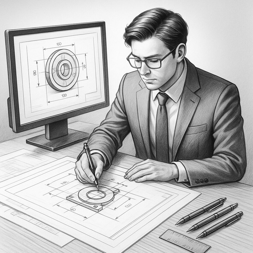 CAD図面の保存とエクスポート作業を慎重に行うエンジニア。バックアップの重要性を示すビジネスシーンの白黒イラスト。